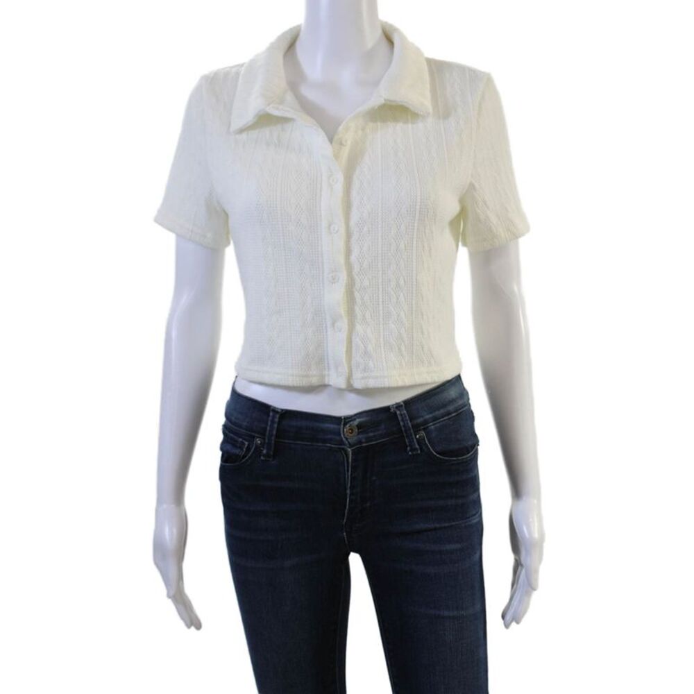 Lioness Women Cropped Collared Button-Up Sweater White Short Sleeve Size M